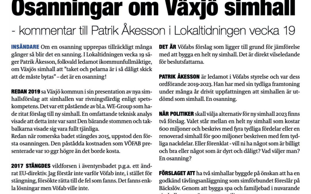 Insändare: Osanningar om Växjö Simhall